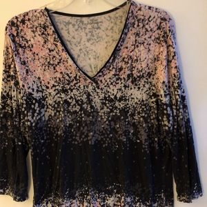 Pink, grey and black print top.